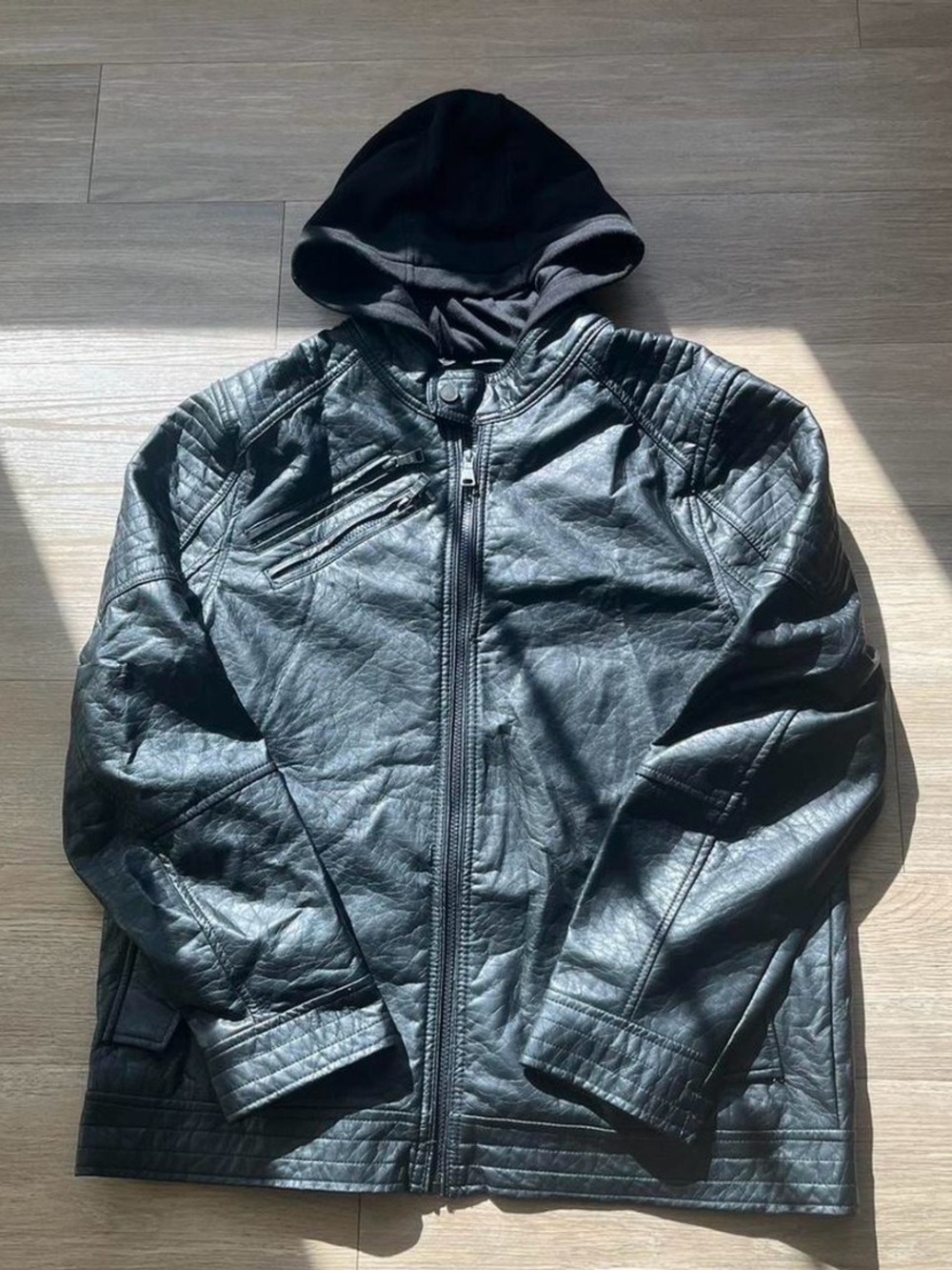 Urban Republic Black Faux Leather Hooded Bomber Jacket